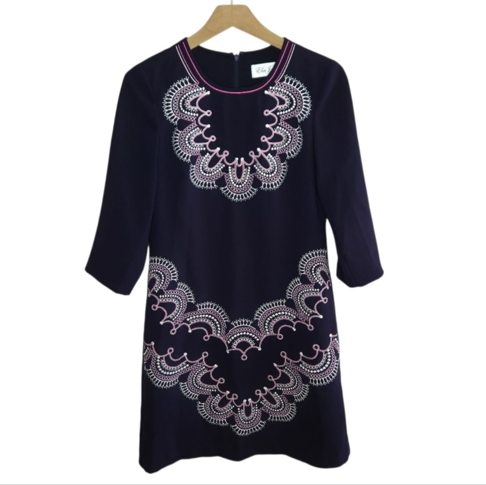 Eliza J | Navy Blue Pink White Embroidered Crepe Sheath Dress Size 4